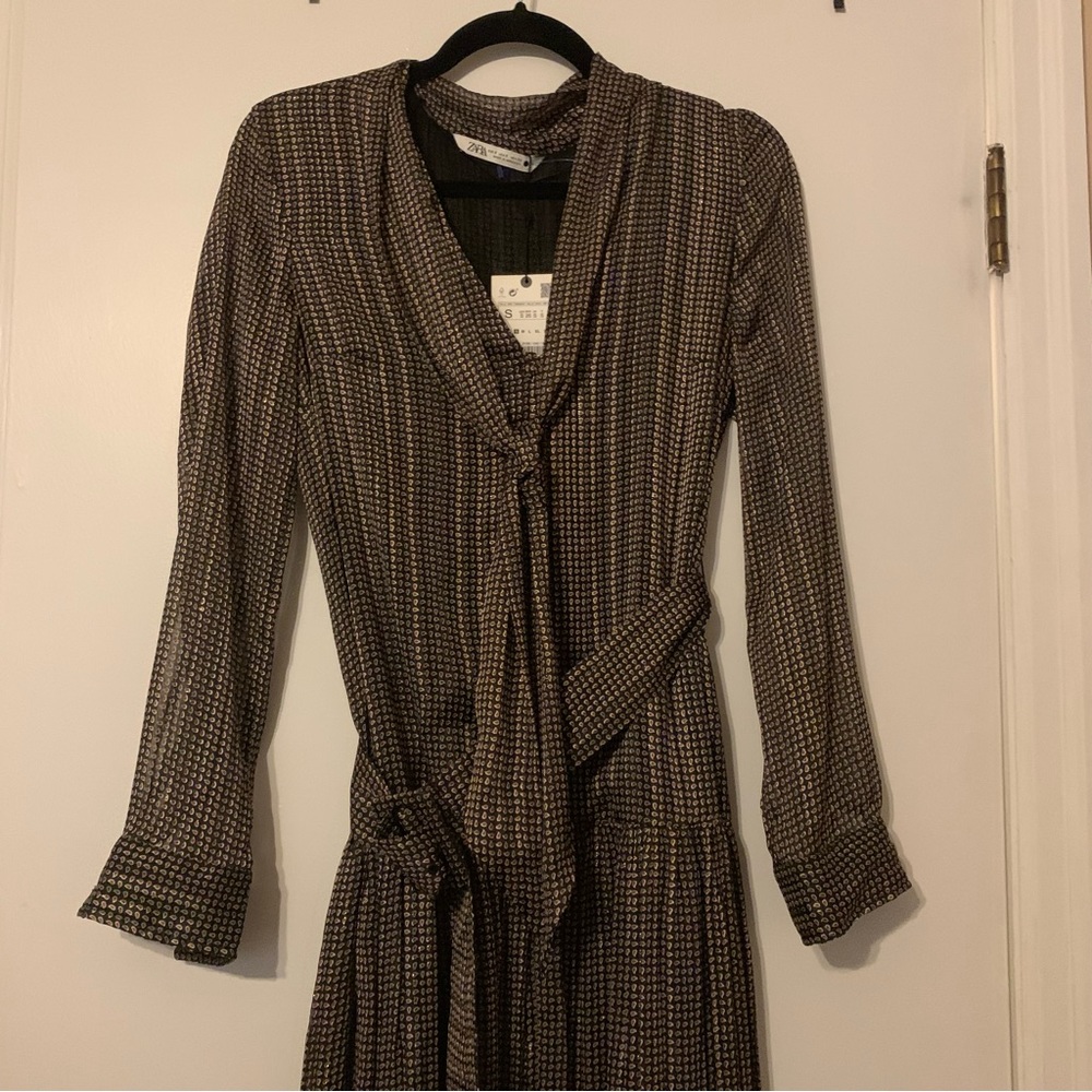 NWT Zara Metallic MIDI Dress with Belt Size Small - Picture 9 of 14